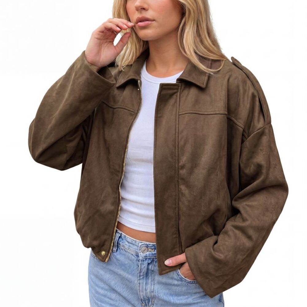 Women's Cropped Zip Lapel Batwing Oversized Faux Suede Bomber Jacket Brown
